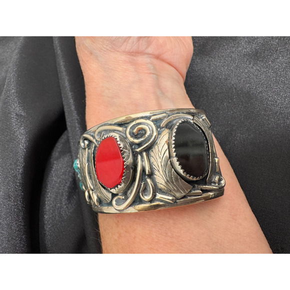 Large Southwestern Cuff Bracelet Nickel Silver Multi Stones Turquoise Chunky Vtg - Picture 3 of 12